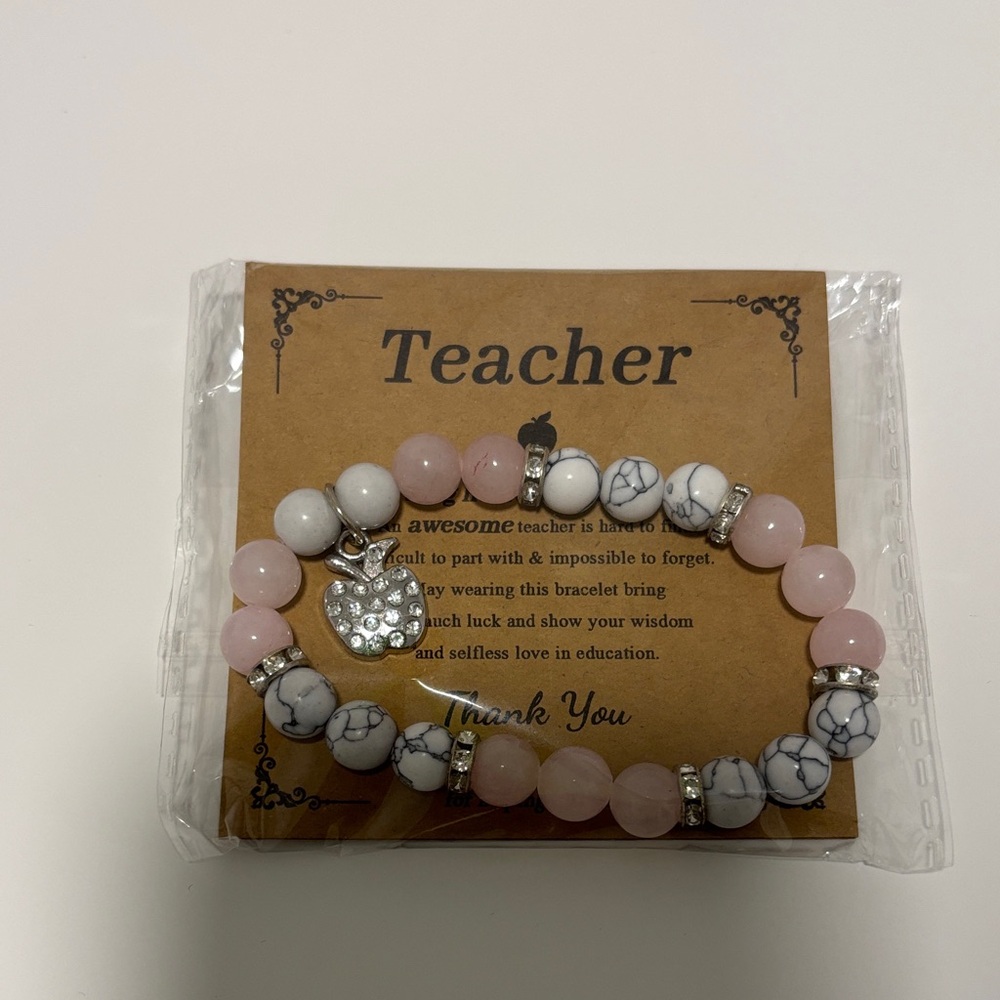 Teacher Pink and White Beaded Bracelet with Heart Charm